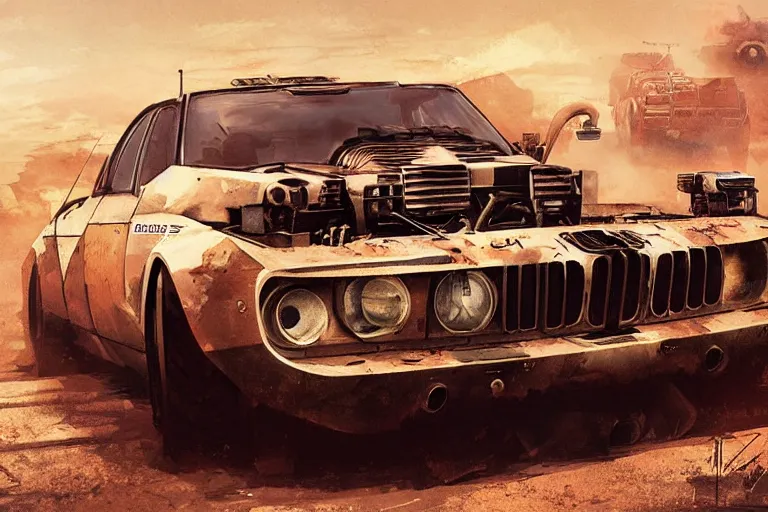 Prompt: dieselpunk digital illustration of mad max's bmw m 1 ( ( himars ) ) by makoto shinkai, ilya kuvshinov, lois van baarle, rossdraws, basquiat