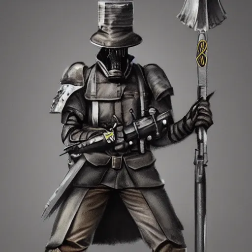 Image similar to an excited Death Korps of Kreig soldier wearing grey and wielding a shovel. Trending on Artstation