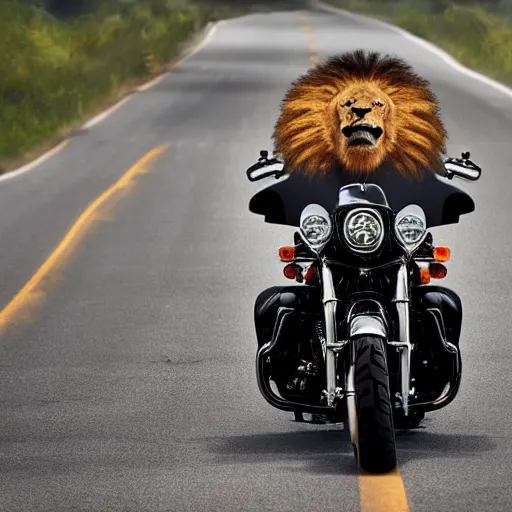 Prompt: a cool lion with sunglasses on a Harley Davidson on the road, cinematic