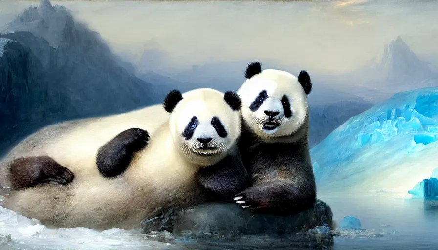 Prompt: highly detailed painting of humanoid creature thats half cute baby white furry seal and half panda on a blue and white iceberg by william turner, by greg rutkowski, by william constable, thick brush strokes and visible paint layers, 4 k resolution