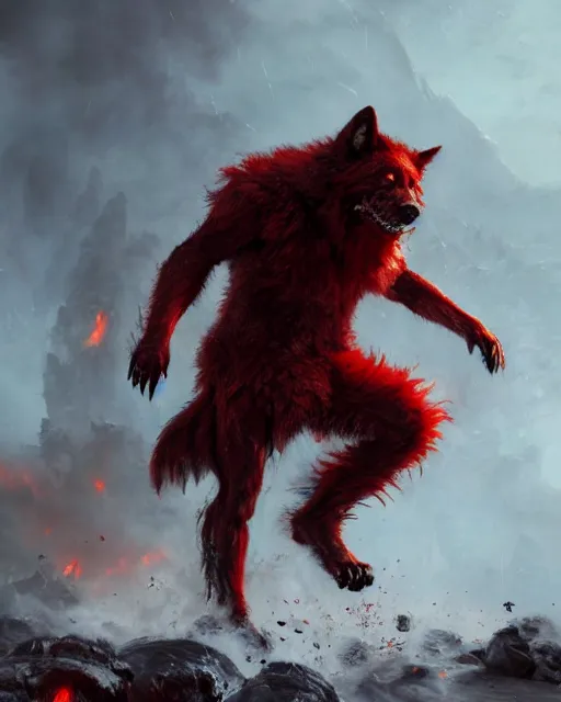 Image similar to oil painting of Angry Anthropomorphized Wolf Berserker, wearing red fur, claws, sharp focus, attack pose, fantasy style, octane render, volumetric lighting, 8k high definition, by greg rutkowski, highly detailed, trending on art Station, magic the gathering artwork, burning Battlefield background, centered