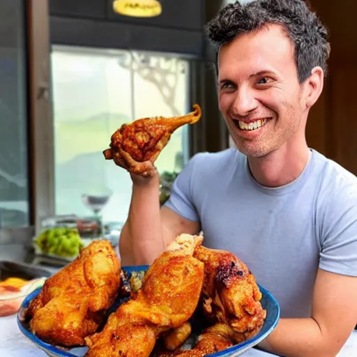 Prompt: a very skinny man feasting on chicken drumsticks
