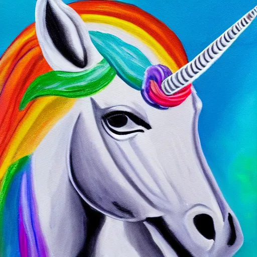 Prompt: a painting of donald trump riding a rainbow unicorn