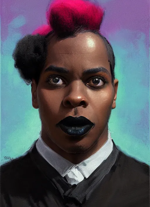 Prompt: portrait of a wide faced black man with a crooked nose and a confident expression, 1 9 6 0 s, black clothes, goth, punk, brightly coloured hair, funk, intricate, elegant, highly detailed, digital painting, artstation, concept art, smooth, sharp focus, illustration, art by wlop, mars ravelo and greg rutkowski