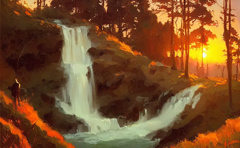 Prompt: waterfall sunset in heaven by atey ghailan and michael garmash