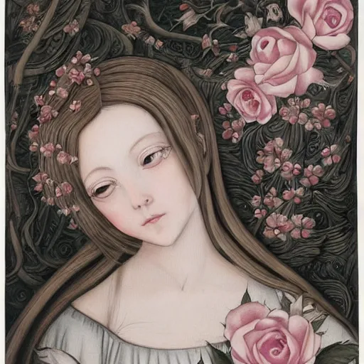 Image similar to renaissance, realistic, portrait of a creepy young lady pink cheeks wearing renaissance manga dress pale grey and white flowers skulls, background chaotic flowers