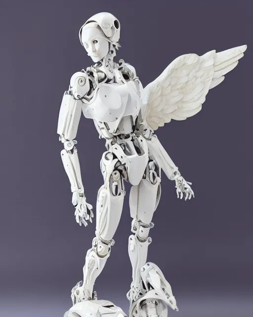 Image similar to marble sculpture of female angel with solarpunk mecha humanoid robotic parts with bright led lights, pudica pose gesture, by michelangelo, in white room, ultra - realistic and intricate, hdr 8 k