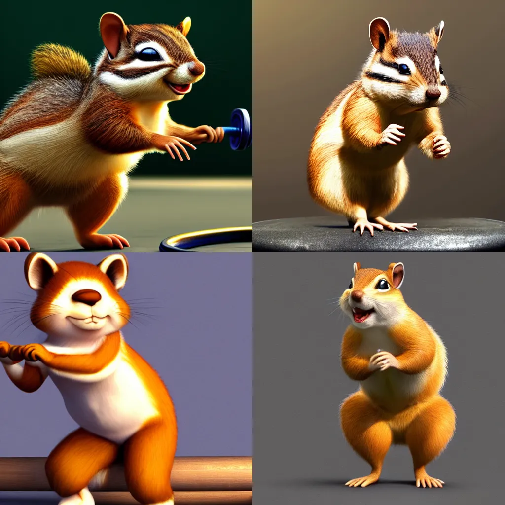 Prompt: a high quality photo of an anthropomorphic chipmunk exercising weightlifting, in olympic game, render, ultra realistic, epic lighting, cgsociety