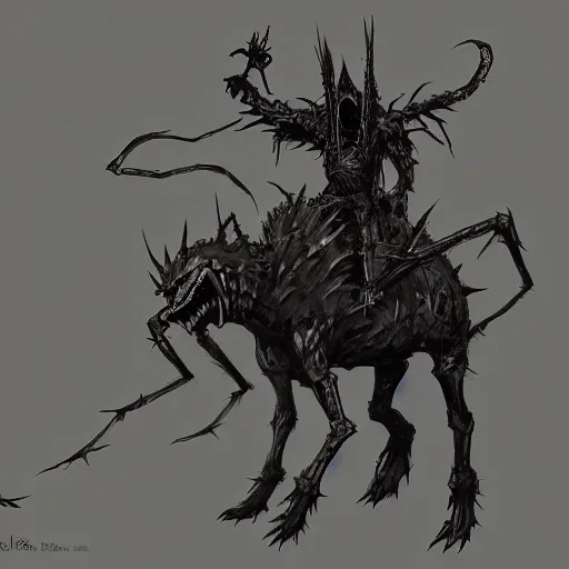 Prompt: concept art of a dark souls boss, six arms undead riding a spider;dark fantasy