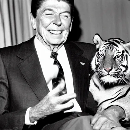 Image similar to [ ronald reagan sitting in chair with a tiger lying at his feet ]