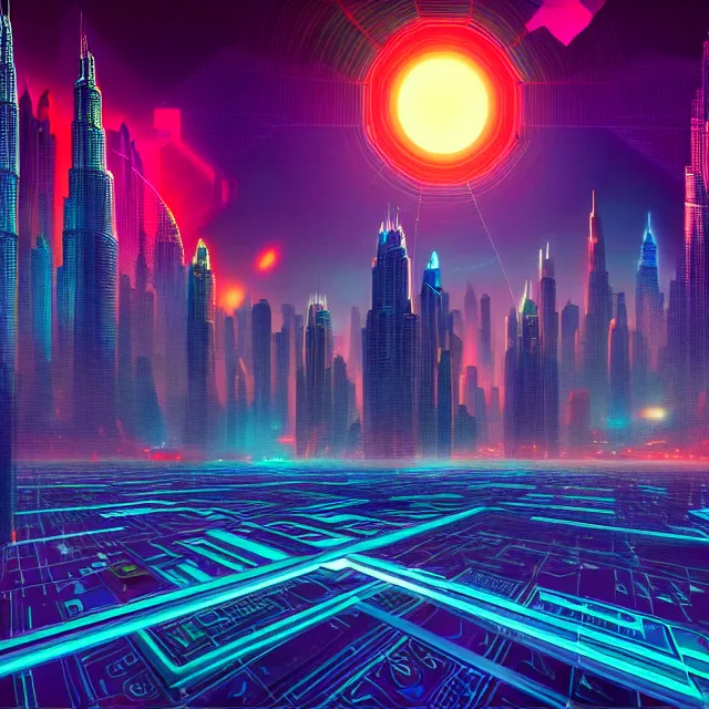 Image similar to futuristic cubes!!!!!! connected with glowing wires, centered, symmetry, painted, intricate, volumetric lighting, beautiful, rich deep colors masterpiece, sharp focus, ultra detailed, in the style of dan mumford and marc simonetti, with a clear crowded futuristic cyberpunk dubai city in the background, astrophotography