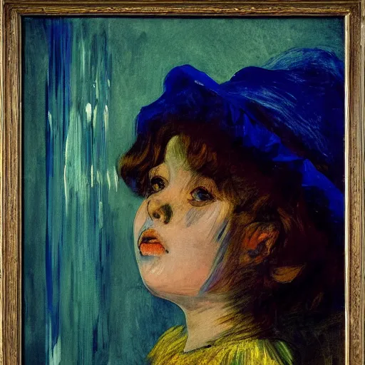 Prompt: palette knife oil painting portrait of a young girl in a blue and gold haunted liminal room, film still by goya, by henri de toulouse - lautrec, by pontormo, extreme detail, liminal aesthetic, artgerm, deviant art, octane, substance, art history 8 k, art nouveau