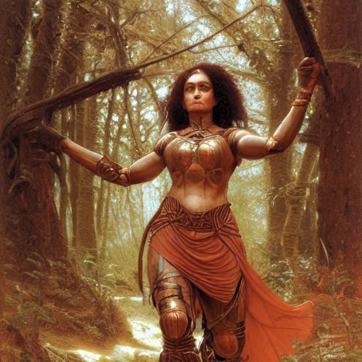 Prompt: a detailed, beautiful oil painting of a warrior woman who looks like keisha castle hughes, wearing intricate, etched copper armor in an ancient forest, by michael whelan, donato giancola, and william adolphe bouguereau