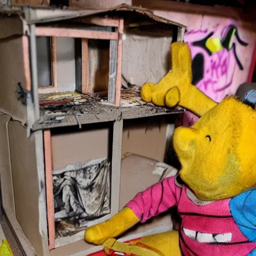 Image similar to Winnie the pooh sock puppet decaying in apocalyptic graffiti dollhouse