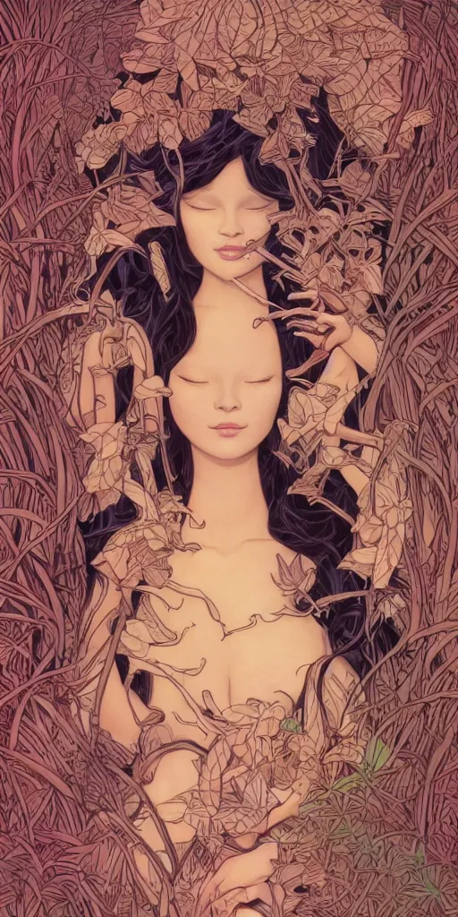 Prompt: a sculpture of mythical creatures by syd mead and audrey kawasaki, elegant and unusually large beautiful female face emerging from the jungle, intricate, elegant, highly detailed, digital painting by audrey kawasaki, artstation, concept art, ambient occlusion, vray render,