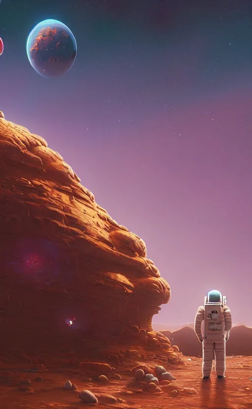 Image similar to A astronaut gazing upon an amazing alien landscape, digital art, breathtaking, golden ratio, extremely detailed, establishing shot, hyperrealistic, cinematic lighting, particles, unreal engine, simon stålenhag, rendered by Beeple, Makoto Shinkai, syd meade, simon stålenhag, Ruan Jia, Kentaro Miura, environment concept, artstation, octane render, 8K UHD image