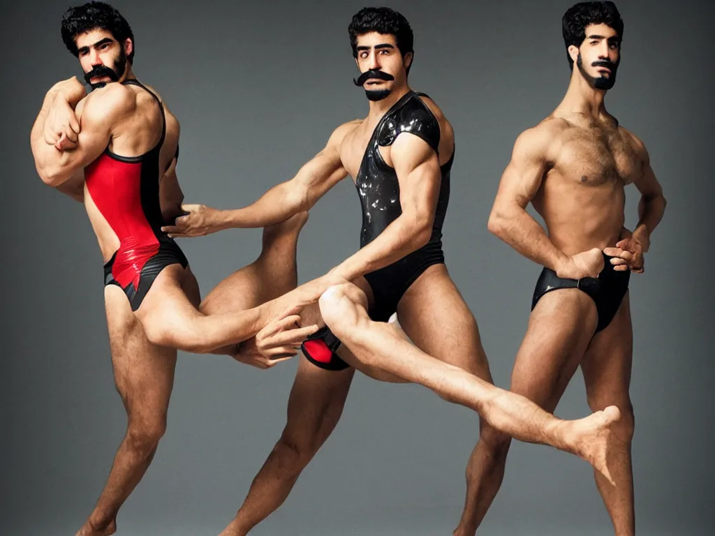 Prompt: 20 years old muscular wrestler persian iranian man with a mustache wearing glossy lycra gymnast wrestling leotard. Flash photograph by Mark Seliger and Annie Leibowitz
