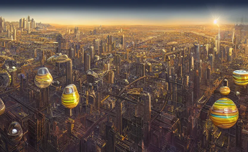 Prompt: hyperdetailed UFOs made of liquid chrome floating over a cityscape at golden hour, by vladimir kush, by jeff koons, 8k resolution, realistic shadows, rendered in octane, hyperdetailed, meticulous, intricate