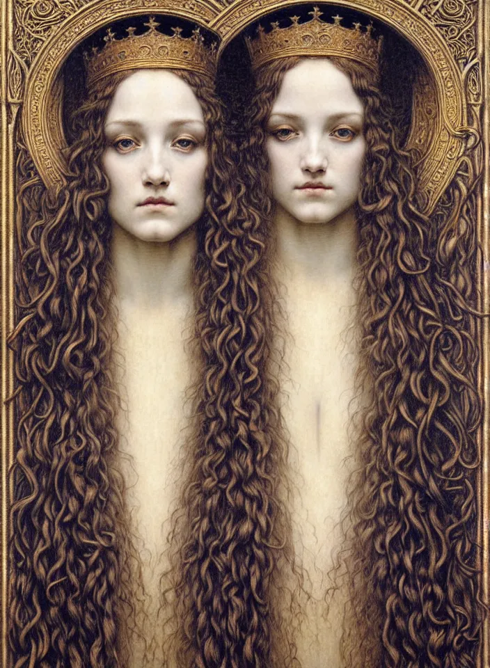 Image similar to detailed realistic beautiful young medieval queen face portrait by jean delville, gustave dore and marco mazzoni, art nouveau, symbolist, visionary, gothic, pre - raphaelite. horizontal symmetry