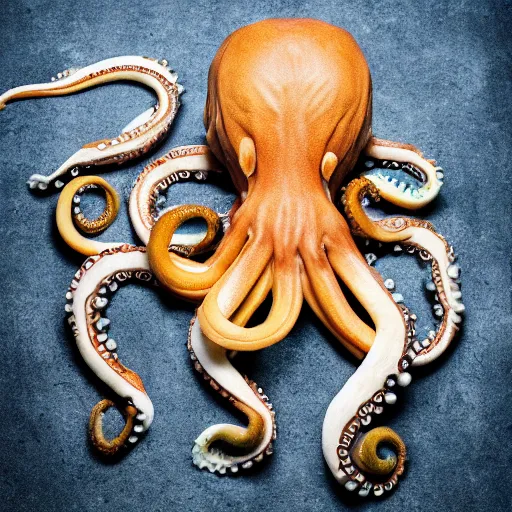 Image similar to dog in the shape of an octopus, hyper real, food photography