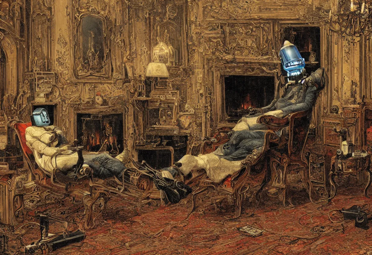 Prompt: Extreme close up photograph of a robot reclining on a tattered recliner in front of a single beautiful fireplace in a Victorian home, by Simon Stalenhag and Gustav Dore