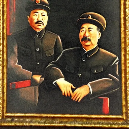 Prompt: joseph stalin and mao tse dong, painted by rembrandt