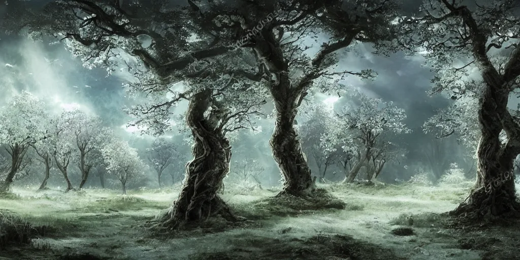 Image similar to a fantasy landscape with white beautiful trees