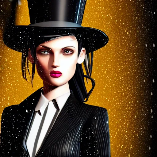 Image similar to stylish woman cartoon portrait made out of rain, pinstripe suit, top hat, cyberpunk background, rendered in octane, unreal engine, highly detailed, trending on artstation, realistic, neon, beautiful