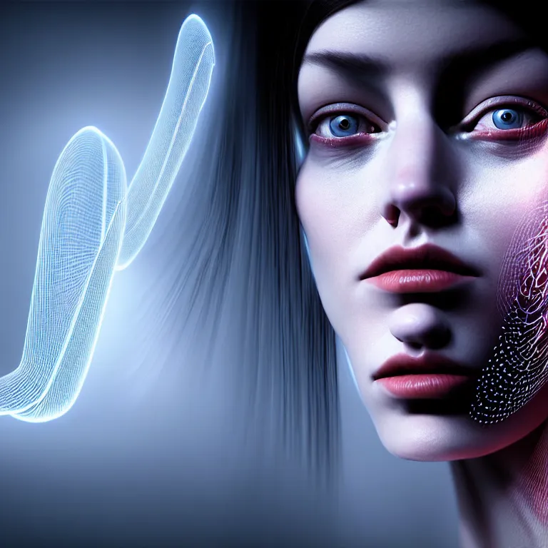 Image similar to hyperrealism photography computer simulation visualisation of parallel universe cgi dramatic scene with beautiful highly detailed ukrainian woman by caravaggio wearing neofuturistic neural interface by josan gonzalez. volumetric natural light - s 1 5 0