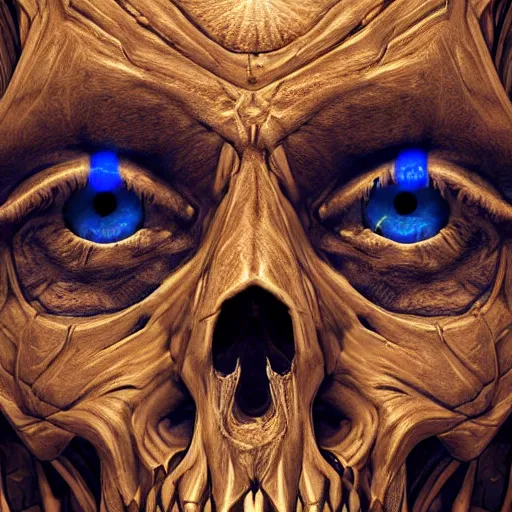 Image similar to hyperdetailed skeleton head with blue human eyes, human eyes, symetry, golden ratio, intricate, detailed, volumetric lighting, scenery, digital painting, highly detailed, artstation, sharp focus, illustration, detailed vectorart