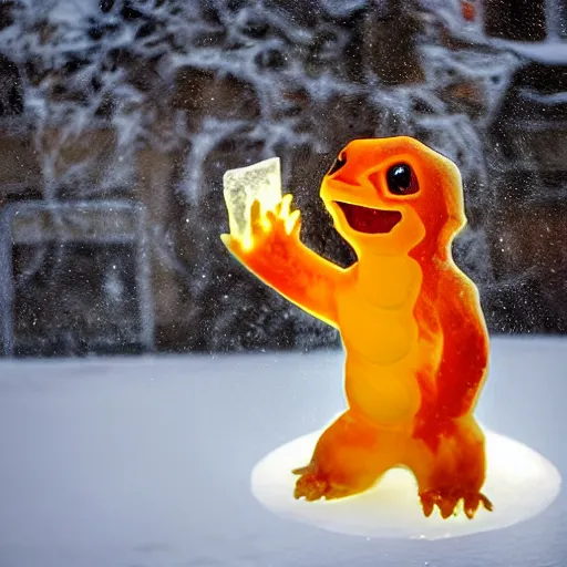 Image similar to ice sculpture of charmander made of ice, photography