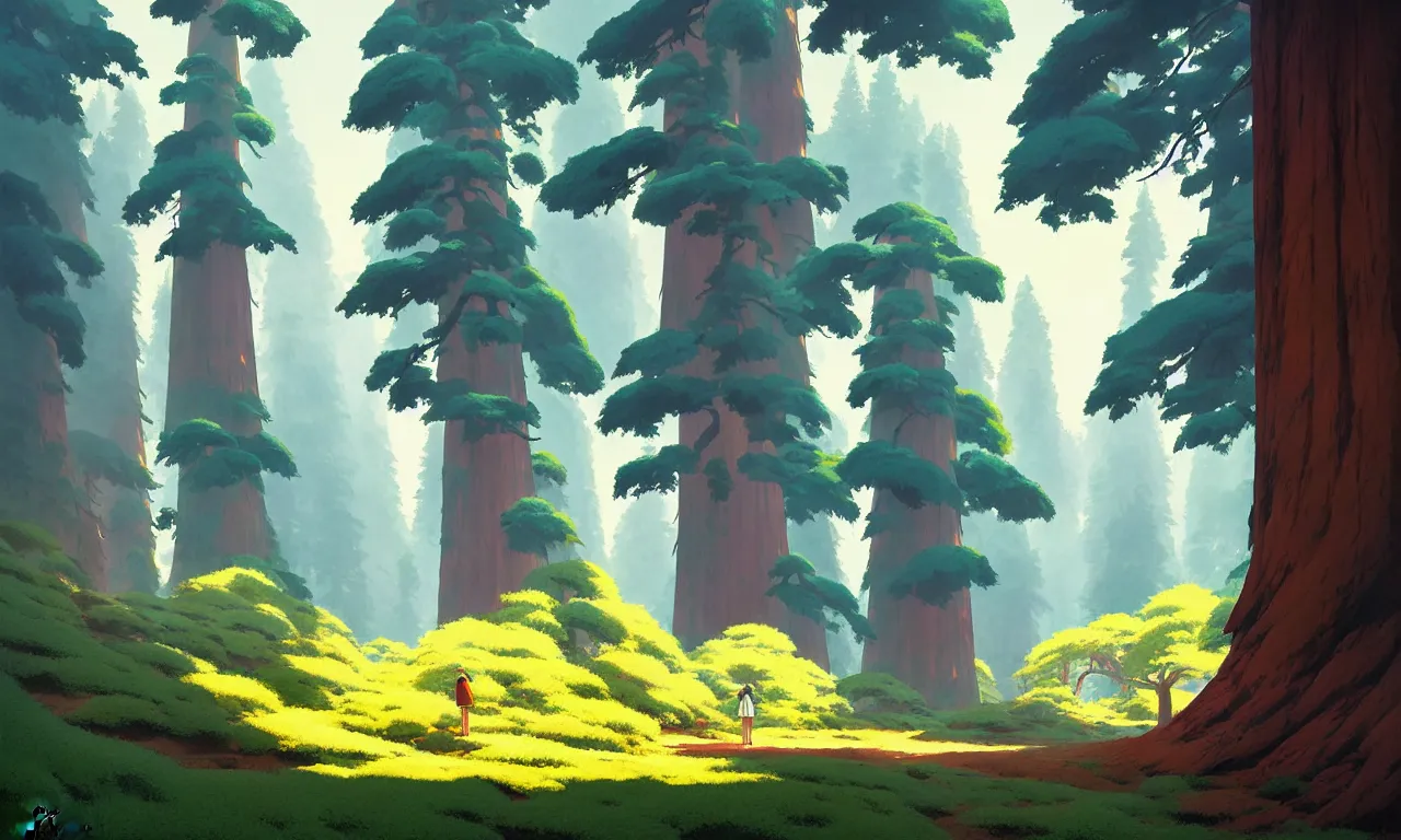 Image similar to Sequoia forest in a colorful moutain with beautiful trees , no people, morning, by studio ghibli painting, superior quality, masterpiece, traditional Japanese colors, by Grzegorz Rutkowski, concept art