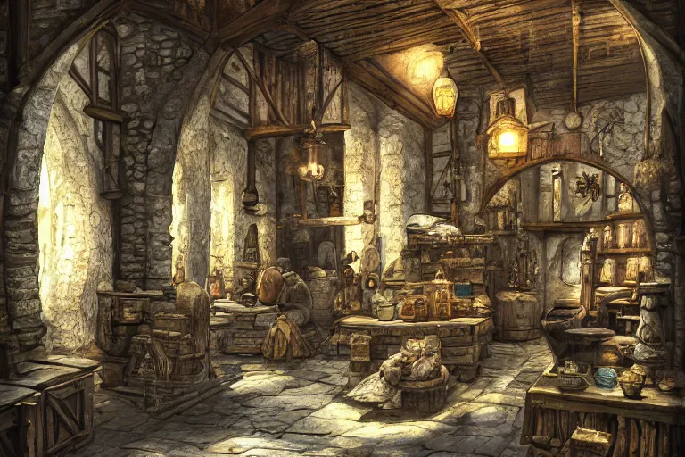 Image similar to A medieval shop viewed from the inside, texture, intricate, details, highly detailed, masterpiece, architecture, building, trending on artstation, focus, sharp focus, concept art, digital painting, fantasy, sunny, day, midday, in the style of skyrim