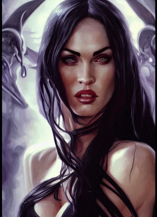 Prompt: portrait of megan fox as a evil demon with hornes, batwings, hell, jewelry, greek, dark, intricate, headshot, key visual, conceptart, ambient lighting, highly detailed, digital painting, artstation, concept art, sharp focus, by makoto shinkai and akihiko yoshida and greg manchess