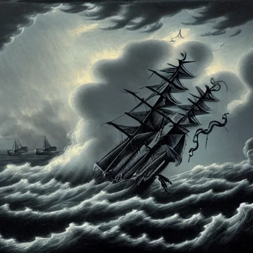Image similar to a highly detailed scene of a ship being attacked by giant squid tentacles, dark, voluminous clouds, thunder, stormy seas, pirate ship, dark, high contrast