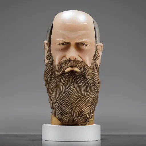 Prompt: glass sculpture of a bearded viking wearing a vr headset, polished maple, thoughtful, elegant, real