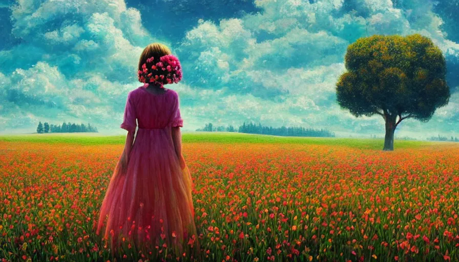 Image similar to girl with a giant flower instead of face, surreal photography, dream, standing in flower field, hills, big trees, sunrise dramatic light, impressionist painting, colorful clouds, digital painting, pointillism, artstation, simon stalenhag, flower face