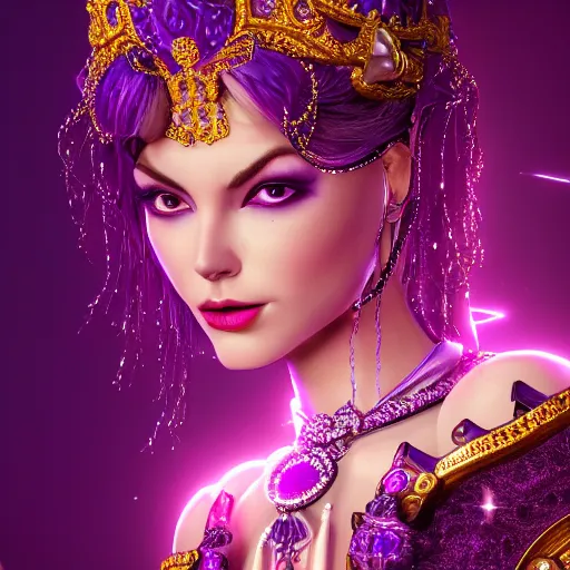 Image similar to portrait princess of amethyst, glowing, ornate and intricate purple jewelry, jaw dropping beauty, glowing background lighting, purple accent lighting, hyper detailed, fairy tale, 4 k octane render