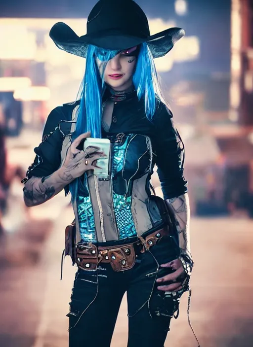 Image similar to full body photograph of a cyberpunk cowgirl beautiful face, intricate clothing, cinematic