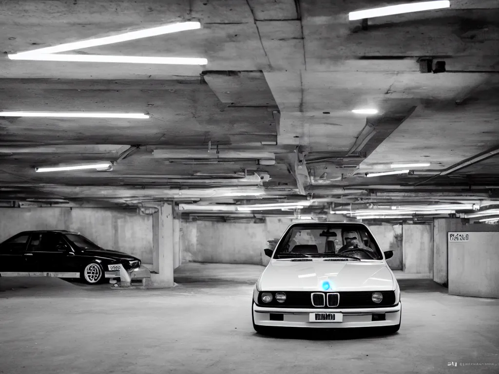 Image similar to a modified bmw e 3 0 with lights on in a futuristic neon parking garage, 3 5 mm photography, car photography, clean lines, realistic