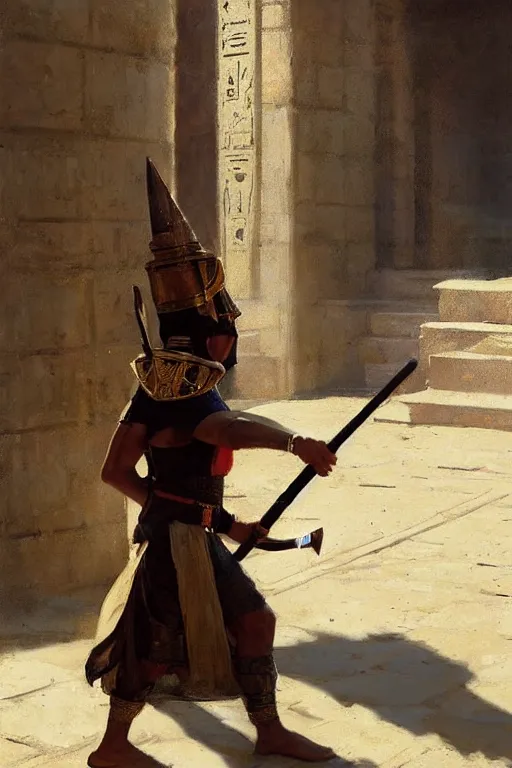 Prompt: an ancient egyptian palace guard walking through the egyptian courtyard by anders zorn, wonderful, masterpiece by greg rutkowski, beautiful cinematic light, by greg manchess, jessica rossier