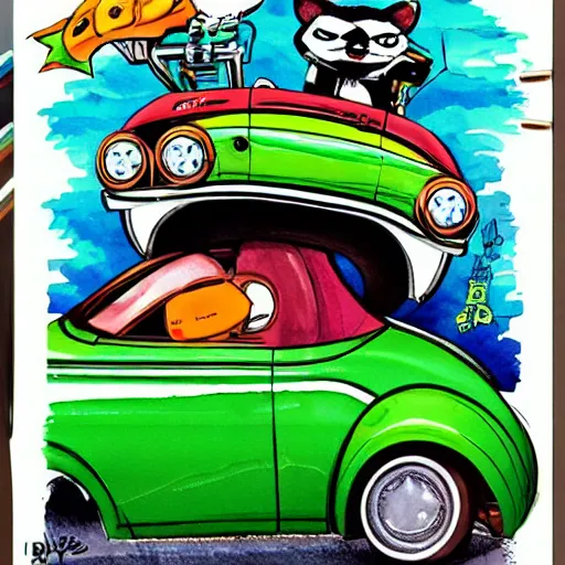 Prompt: racoon riding in a tiny hot rod coupe with oversized engine, ratfink style by ed roth, centered award winning watercolor pen illustration, bright and vivid, by chihiro iwasaki, edited by range murata