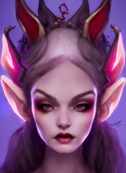 Image similar to imp demon goddess, cute elf ears, strapless dress, character portrait in the style of thomas river and artgerm, cinematic lighting, hyperdetailed, 8 k realistic, symmetrical, global illumination, radiant light,, frostbite 3 engine, cryengine, dof, trending on artstation, digital art, chanel