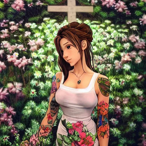 Image similar to high quality art of aerith gainsborough with tattoos, in front of flowers in church, trending on artstation