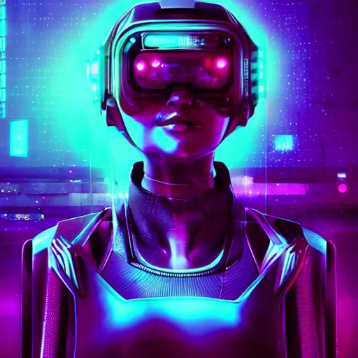 Image similar to cyberpunk concept cool girl cyborg bot, cinema 4 d, galaxy, ufo, space sci - fi, wearing vr goggles, illustration, portrait, pastel neon textured background night, trending on artstation, greg rutkowski, octane rendered, 1 2 k, detailed,