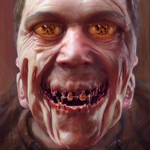 Prompt: a portrait of dmitry medvedev, flesh eating worms, macabre, horror saw teeth, horror rotten teeth, by donato giancola and greg rutkowski and wayne barlow and zdzisław beksinski, realistic face, visible face, digital art, artstation, symmetry