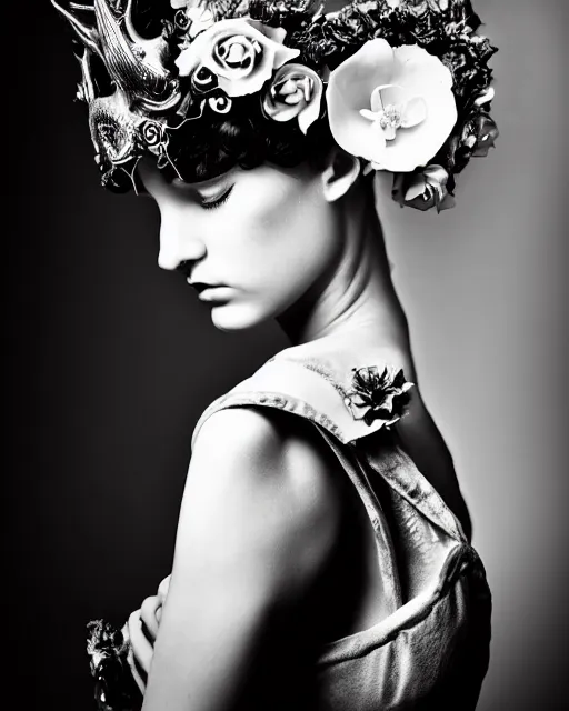 Image similar to a black and white high quality dreamy photo of a young beautiful female queen-pale dragon-vegetal-cyborg bust with a very long cyborg neck and a steampunk flower crown, elegant, highly detailed, poetic, soft, dreamy, mysterious, high fashion, in the style of Horst P. Horst, Metropolis, Realistic, Refined, Digital Art, Highly Detailed, Cinematic Lighting, rim light, black and white, photo-realistic, 8K