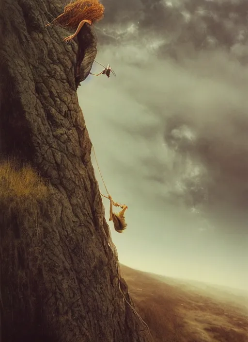 Image similar to close-up portrait action shot of Nicole Kidman hanging from a cliff ridge, Les Edwards, Zdzislaw Beksinski, Carl Gustav Carus, John Harris, Michal Karcz, Zhang Kechun, Mikko Lagerstedt, Scott Listfield, Steven Outram, Jessica Rossier