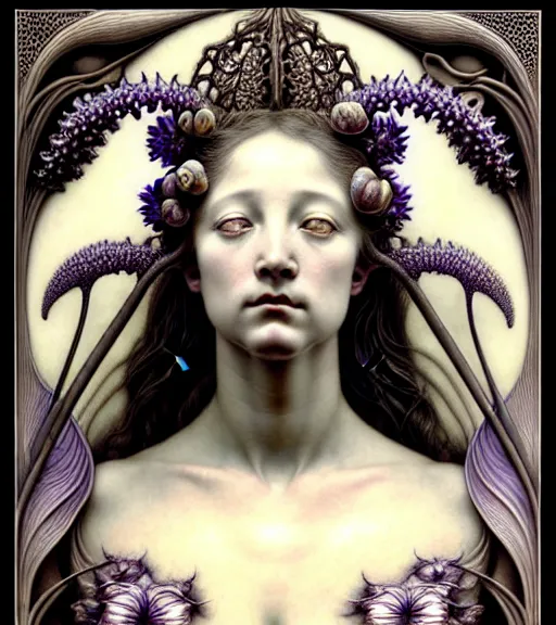 Prompt: beautiful young orchid fairy detailed realistic porcelain face portrait by jean delville, gustave dore, iris van herpen and marco mazzoni, art forms of nature by ernst haeckel, art nouveau, symbolist, visionary, gothic, neo - gothic, pre - raphaelite, fractal lace, intricate alien botanical biodiversity, surreality, hyperdetailed ultrasharp octane render