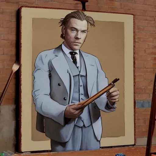 Prompt: ewan mcgregor is dressed as a gentleman at early 2 0 th century paris. he is watching an easel. that easel has a canvas on it. ewan mcgregor has a brush on his hand. he is painting a painting. realistic painting with strong outlines, by studio ghibli